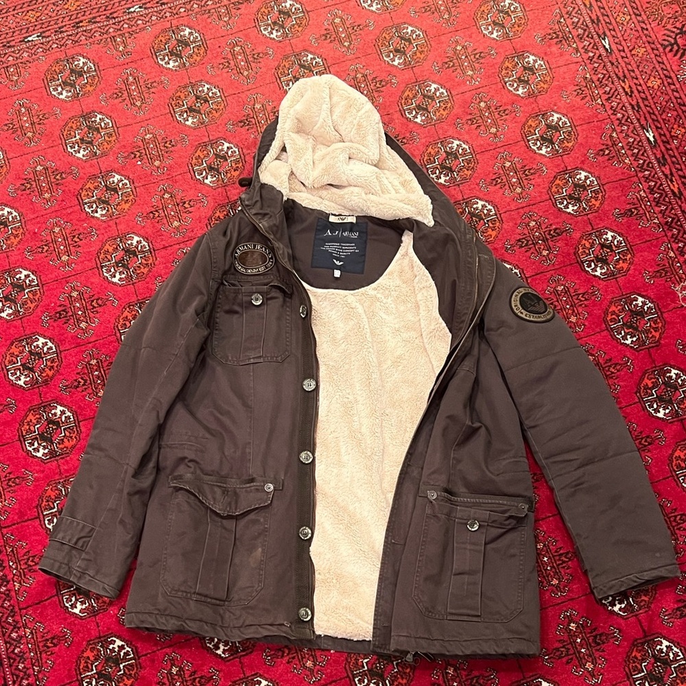 Armani Jeans Dark Brown Jacket with Cream Hood